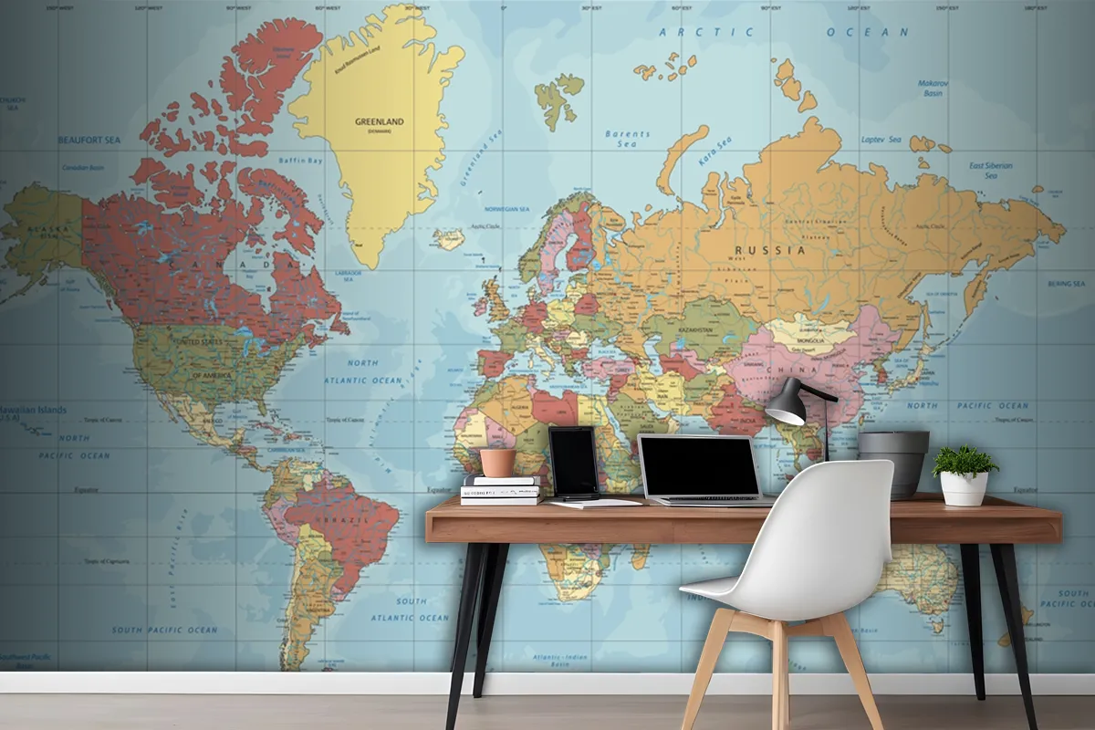 Detailed Political World Map In Mercator Projection Wallpaper Mural