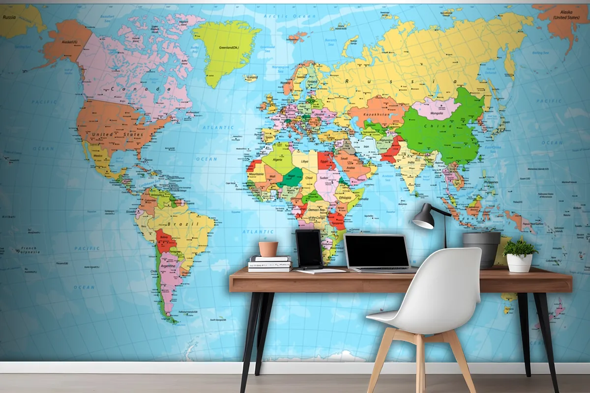 Detailed Political World Map With Capitals Wallpaper Mural