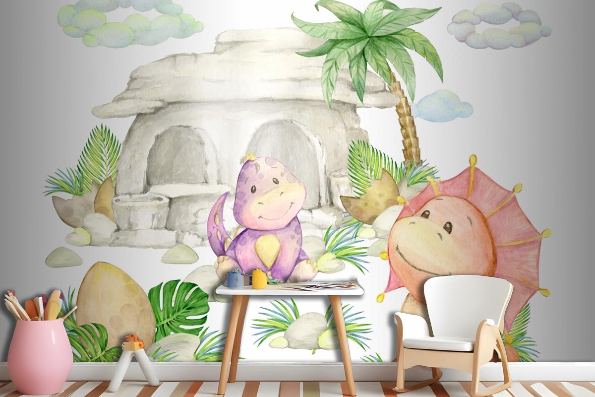 Dinosaurs A Stone House A Palm Tree Wallpaper Mural