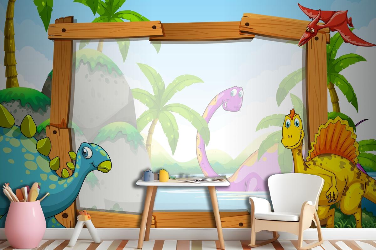 Dinosaurs By The Wooden Frame Wallpaper Mural