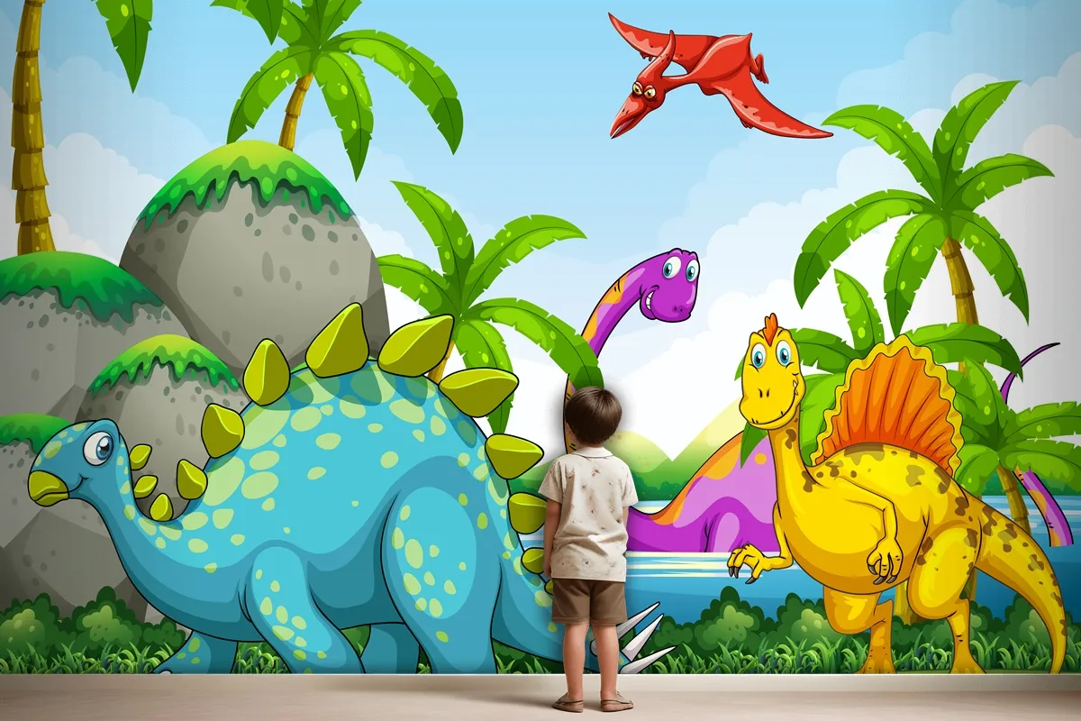 Dinosaurs Living In The Jungle Wallpaper Mural