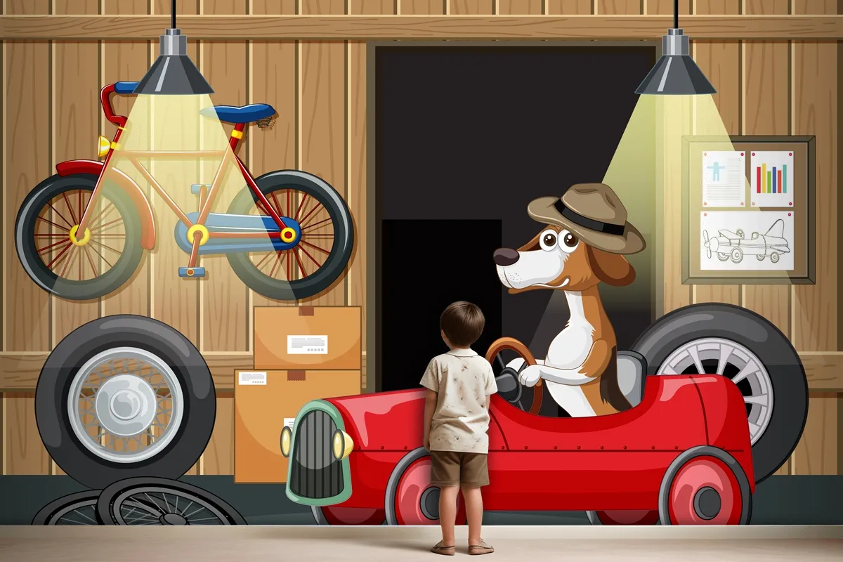 Dog Driving Car In Garage Wallpaper Mural