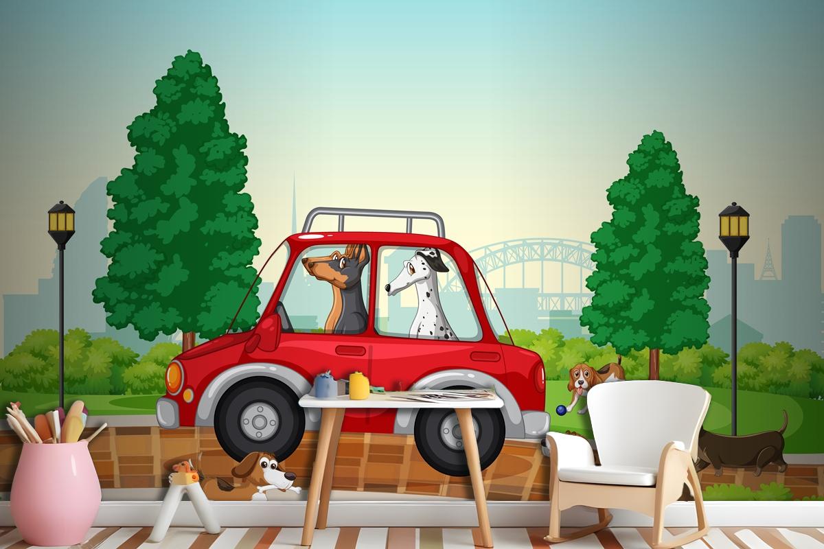 Dogs Driving And Running In The Park Wallpaper Mural