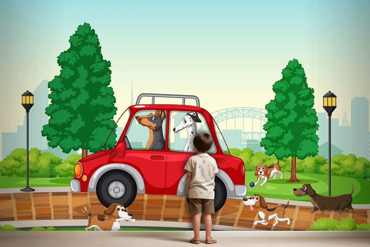 Dogs Driving And Running In The Park Wallpaper Mural