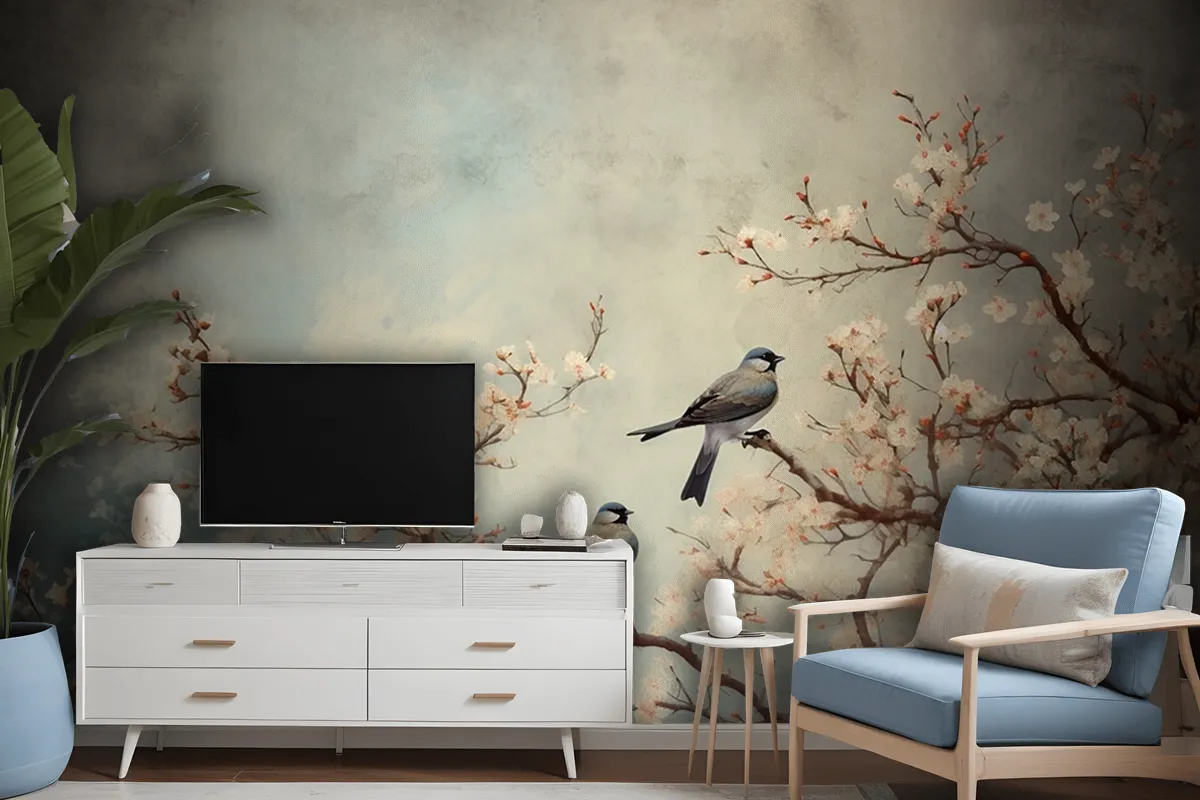 Flowers Branches Birds Golden Brushstrokes Wallpaper Mural