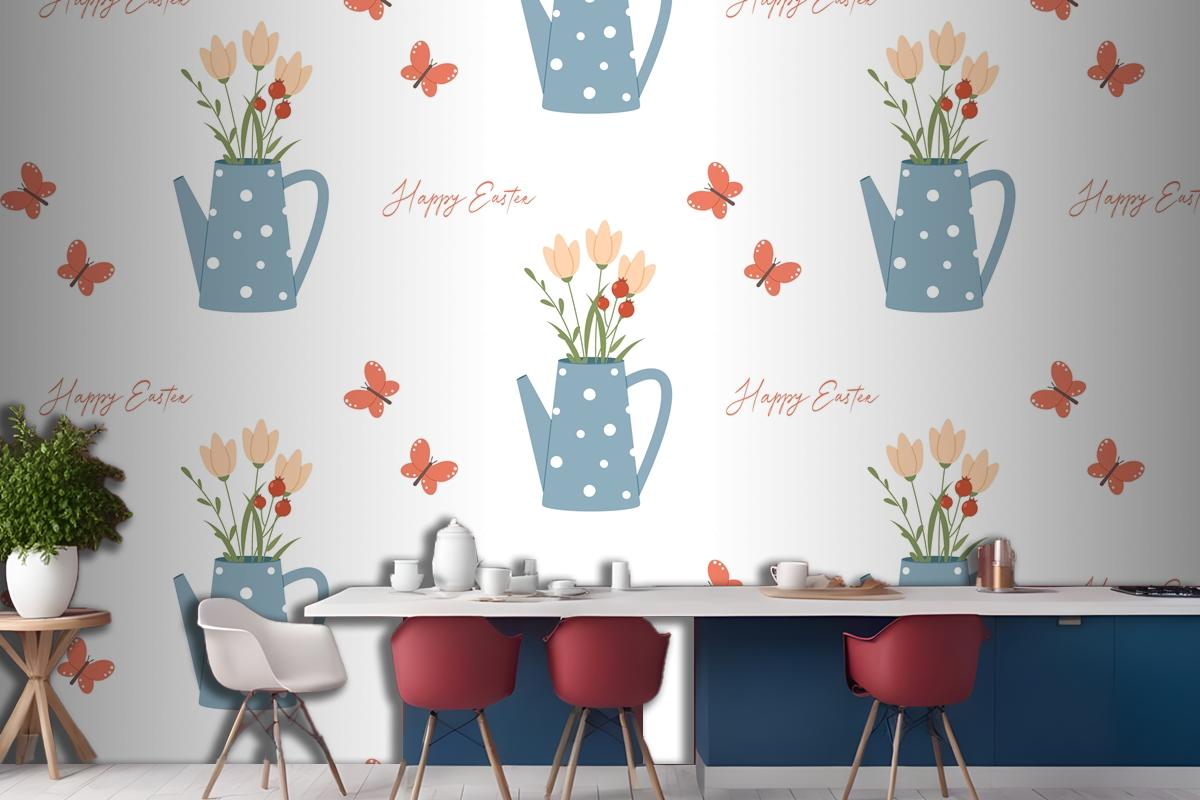 Easter Seamless Pattern Watering Can Butterfly And Lettering Wallpaper Mural