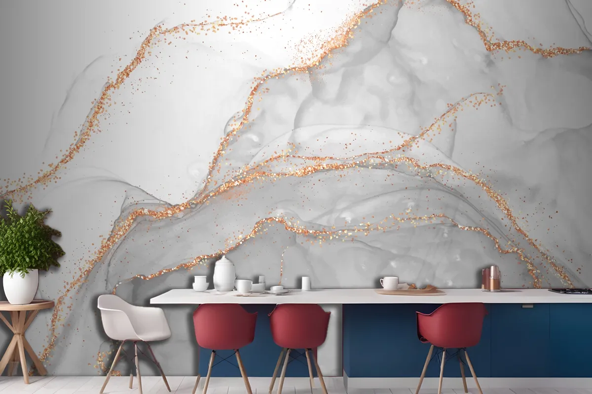 Elegant Alcohol Ink Design With Gold Glitter Elements Wallpaper Mural