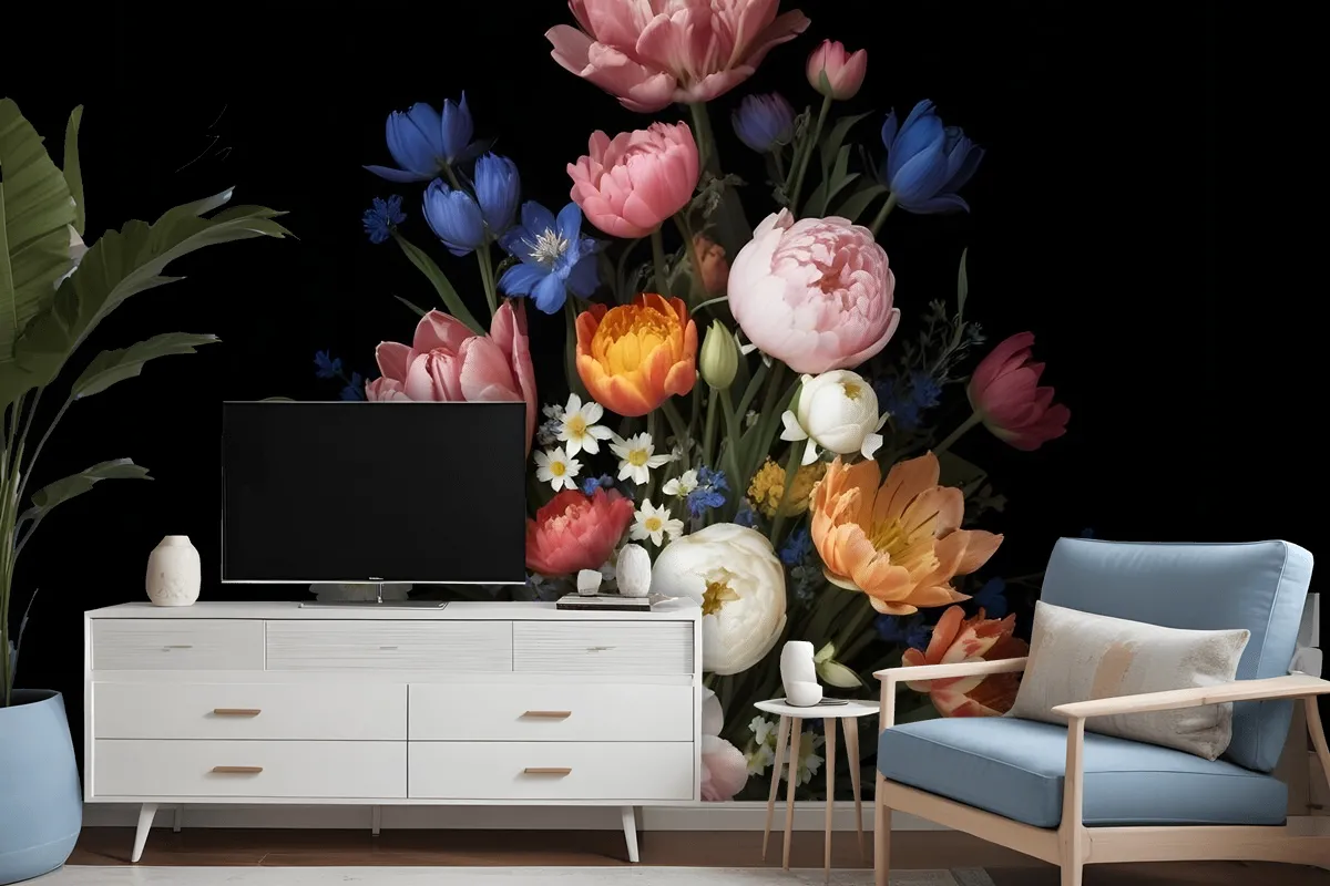 Elegant Dutch Dark Floral Bouquet Wallpaper Mural