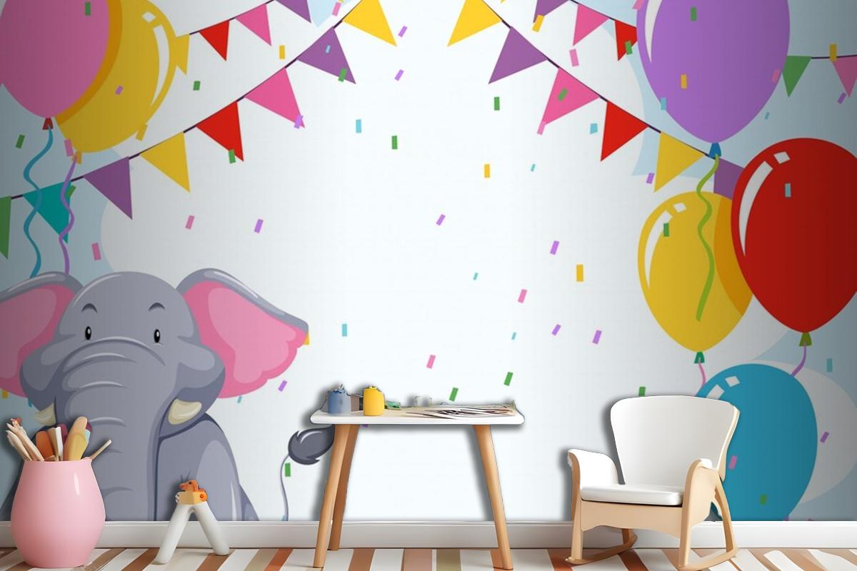 Elepehant On Birthday Template Wallpaper Mural