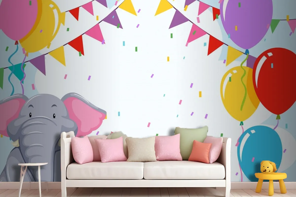 Elepehant On Birthday Template Wallpaper Mural