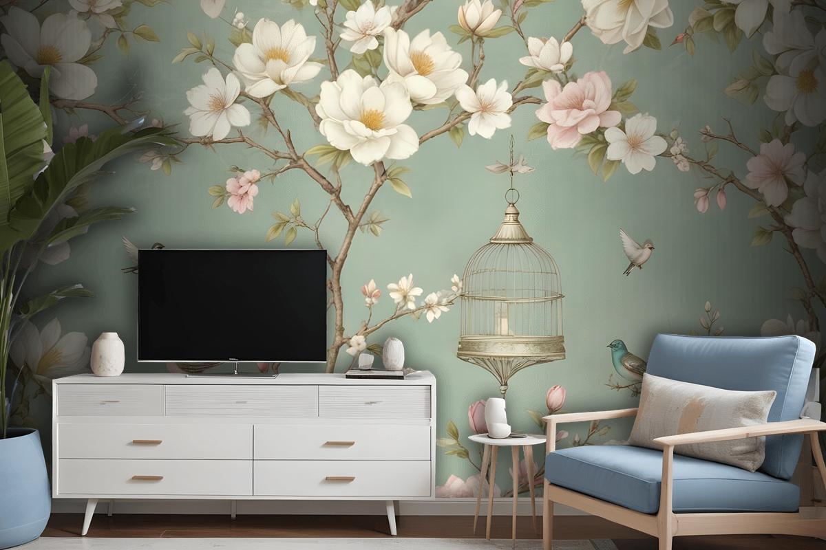 English Country Style With Branches And Flowers And Birds Wallpaper Mural