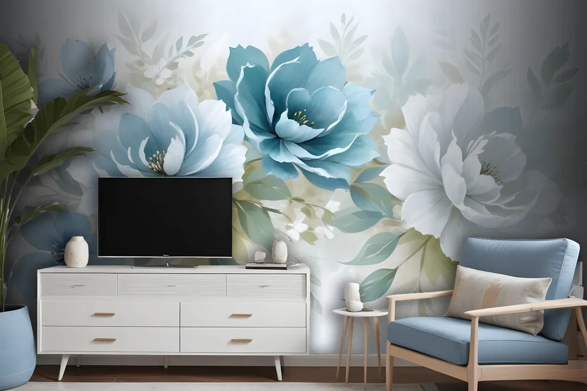 European Style 3D Look Blue Green Floral Wallpaper Mural