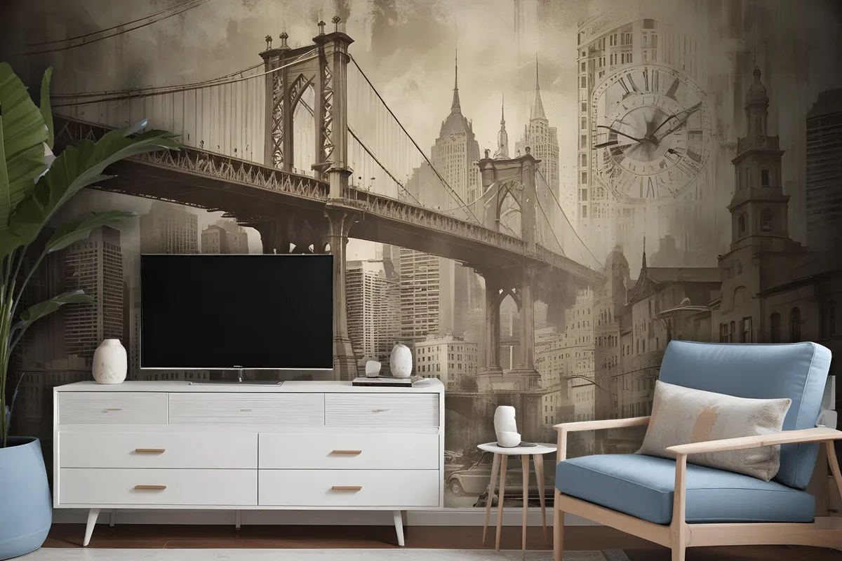 European Vintage City With Brooklyn Bridge Wallpaper Mural