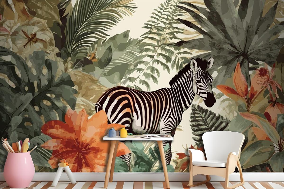 Exotic Zebra Tales Artistic Vintage Jungle Collage Pattern Seamless Wallpaper Mural