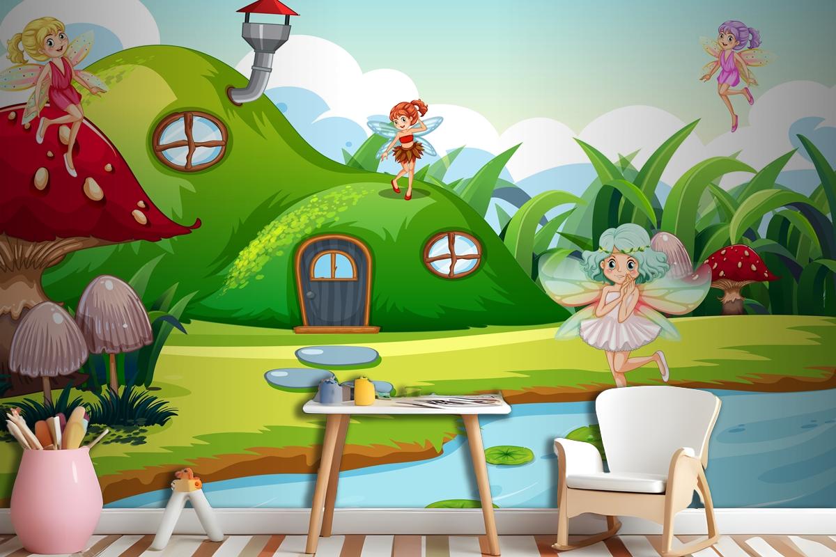 Fantasy Fairys In Green Scene Wallpaper Mural