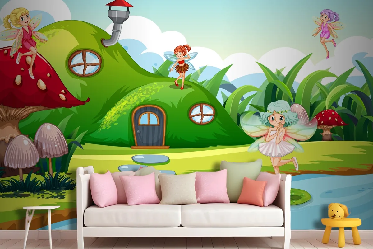 Fantasy Fairys In Green Scene Wallpaper Mural