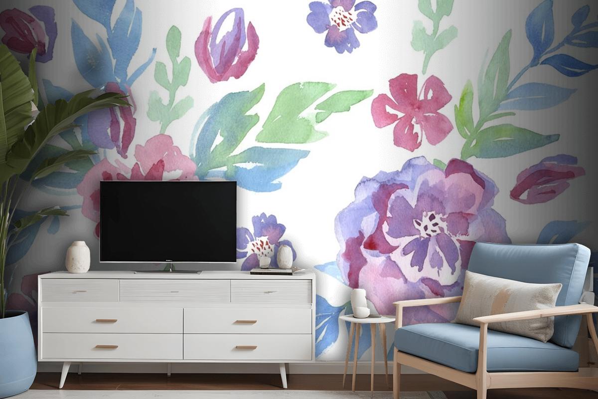 Fashionable Pattern In Watercolor Flowers Wallpaper Mural