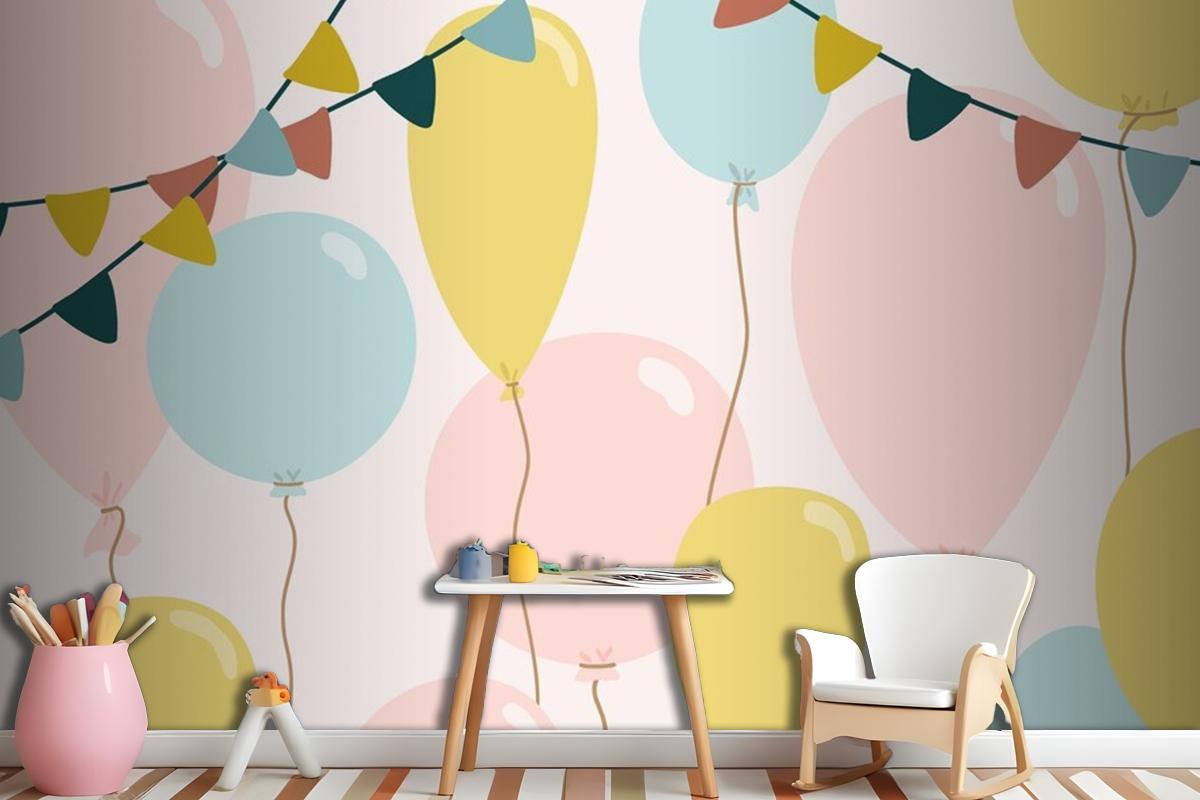 Festive Background With Blue Pink And Yellow Balloons Wallpaper Mural