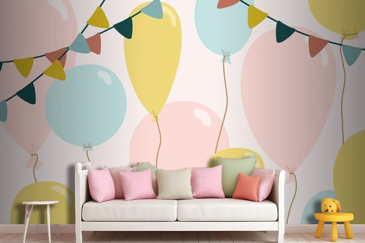 Festive Background With Blue Pink And Yellow Balloons Wallpaper Mural