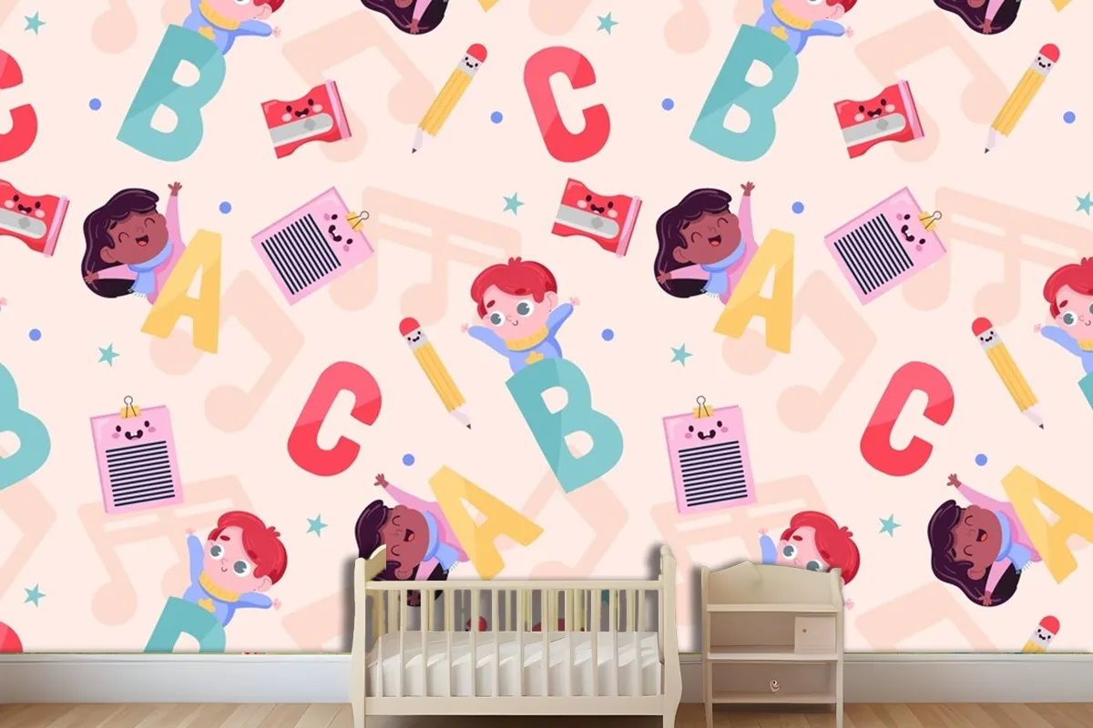 Flat Back To School Pattern Design Wallpaper Mural