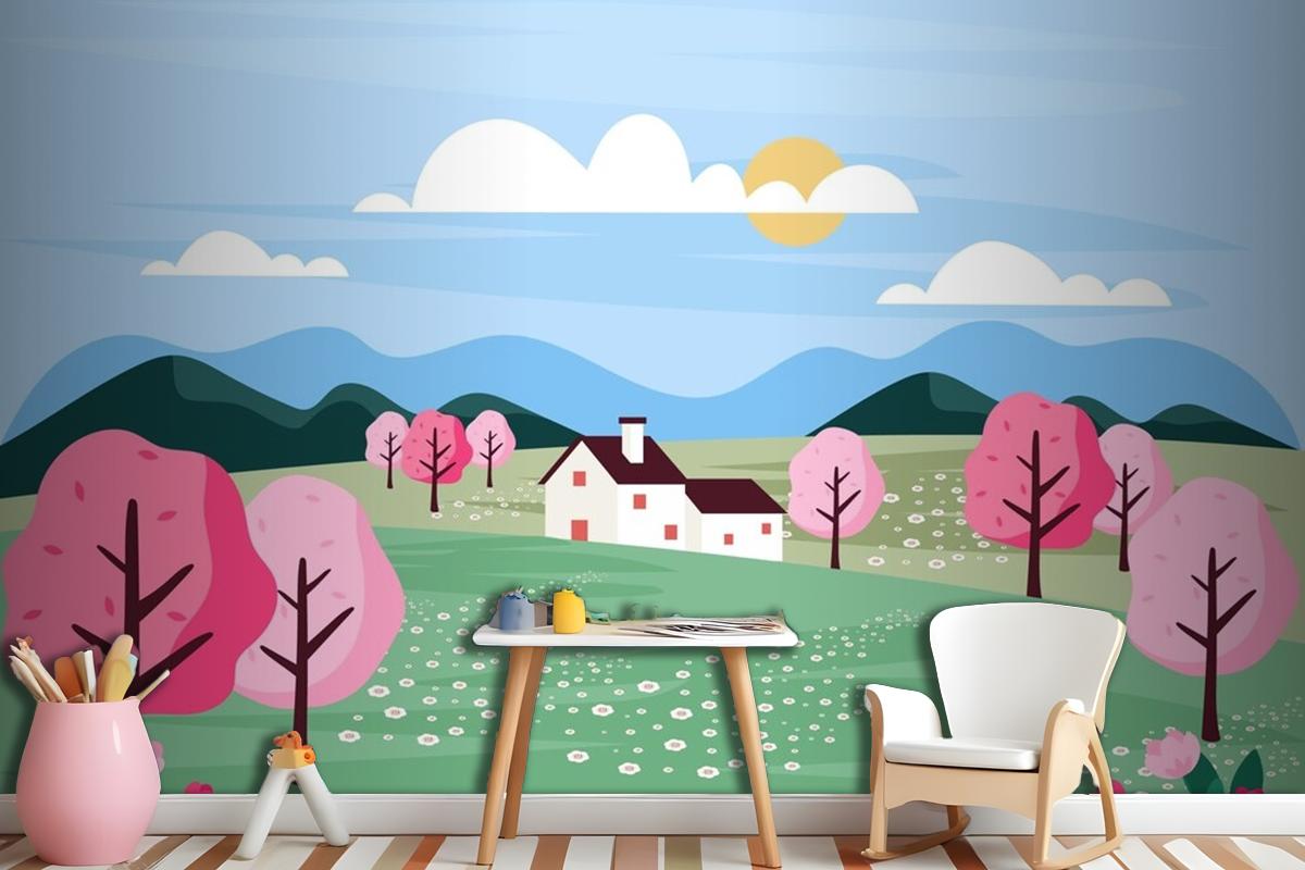 Flat Design Spring Landscape Wallpaper Mural