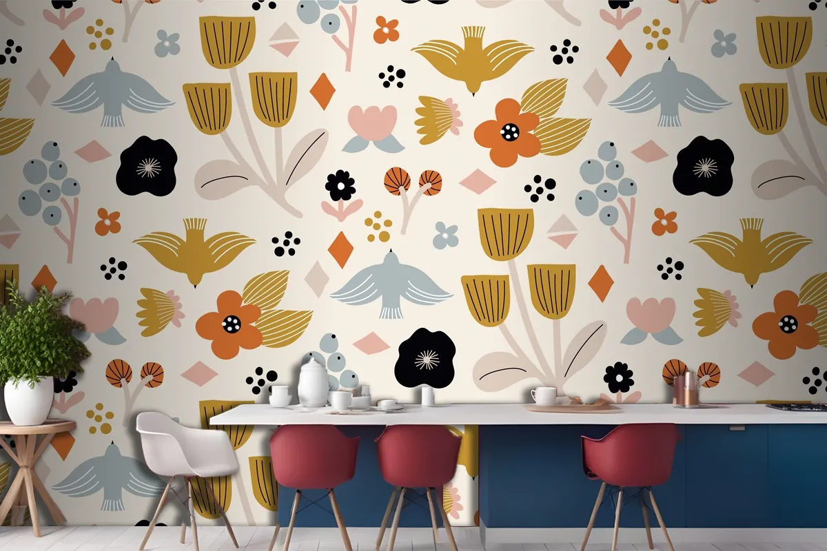 Flat Scandinavian Design Pattern Kitchen Wallpaper Mural