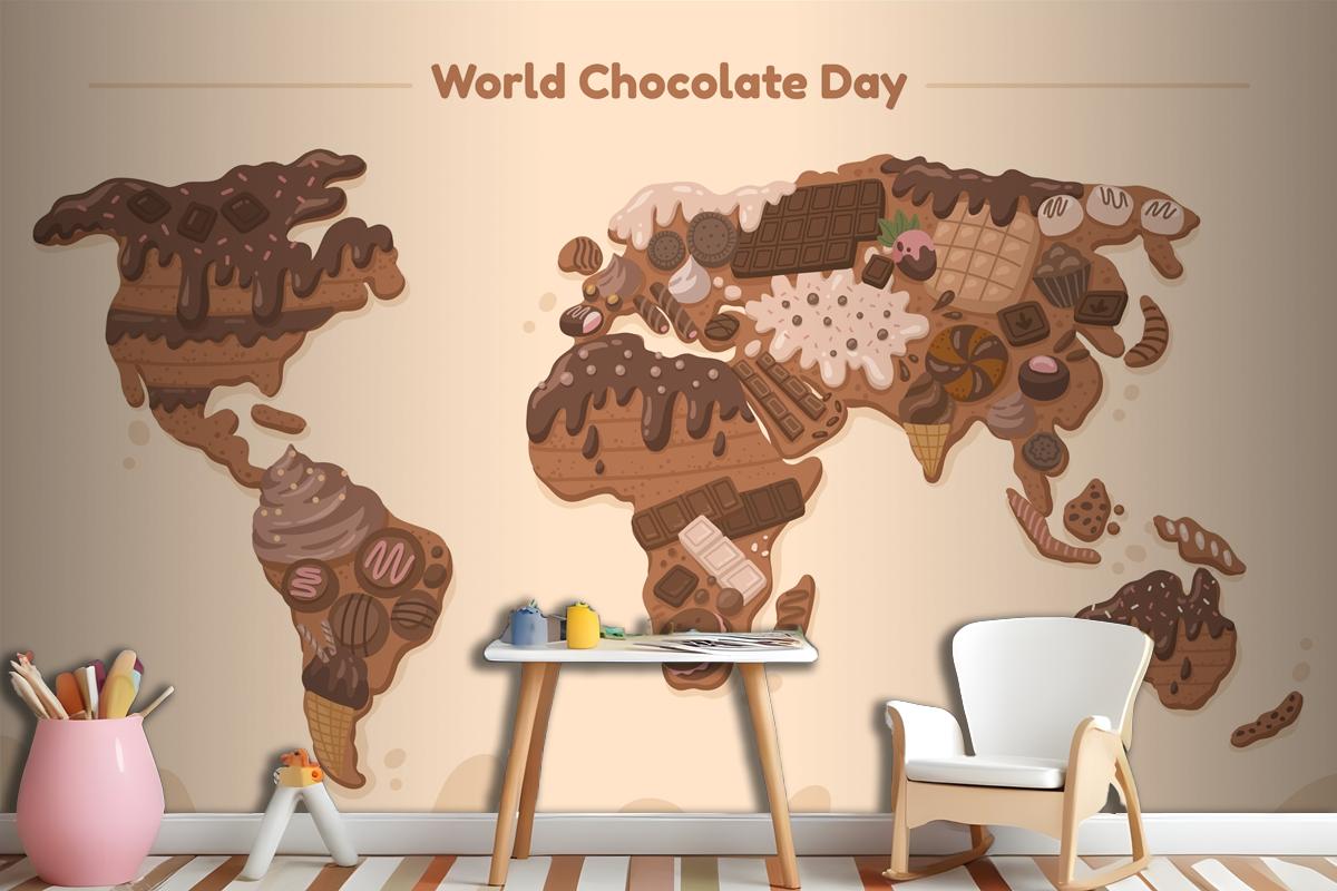 Flat World Map Chocolate Day Wallpaper Mural