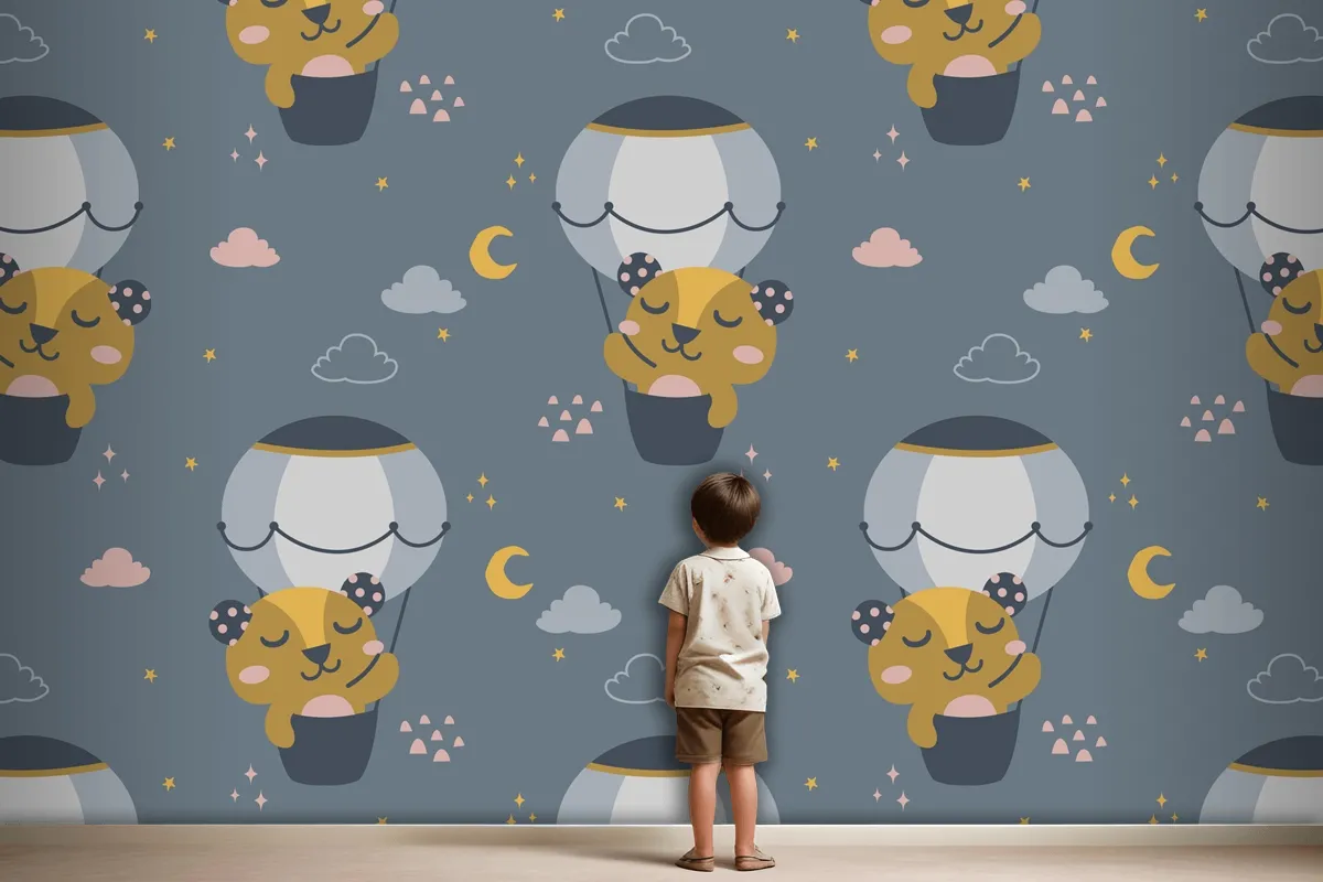 Fliying Cute Bear Scandinavian Pattern Wallpaper Mural