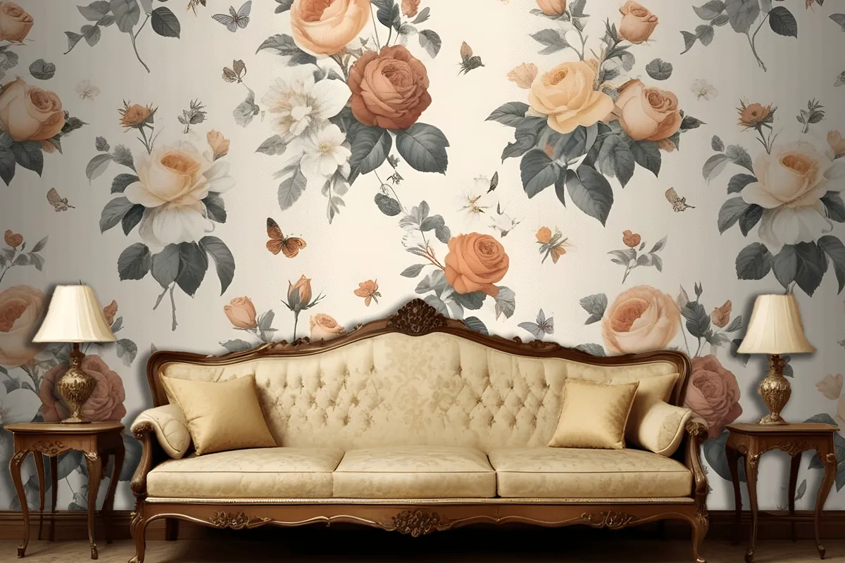 Floral Pattern With Various Types Of Roses Wallpaper Mural