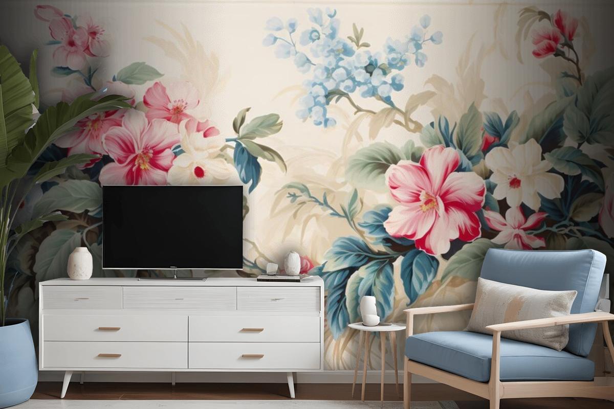 A Floral With Tropical Flowers And Leaves Wallpaper Mural