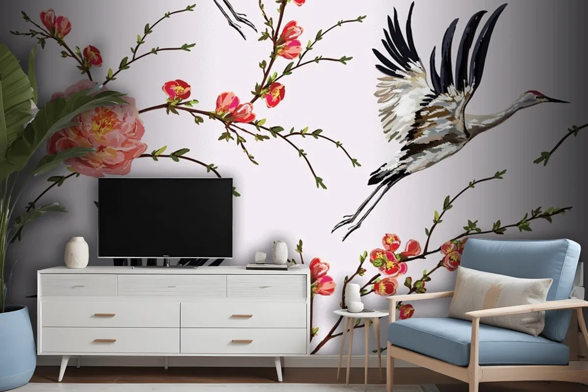 Flowers And Plants Flowers And Birds Seamless Print Pattern Wallpaper Mural