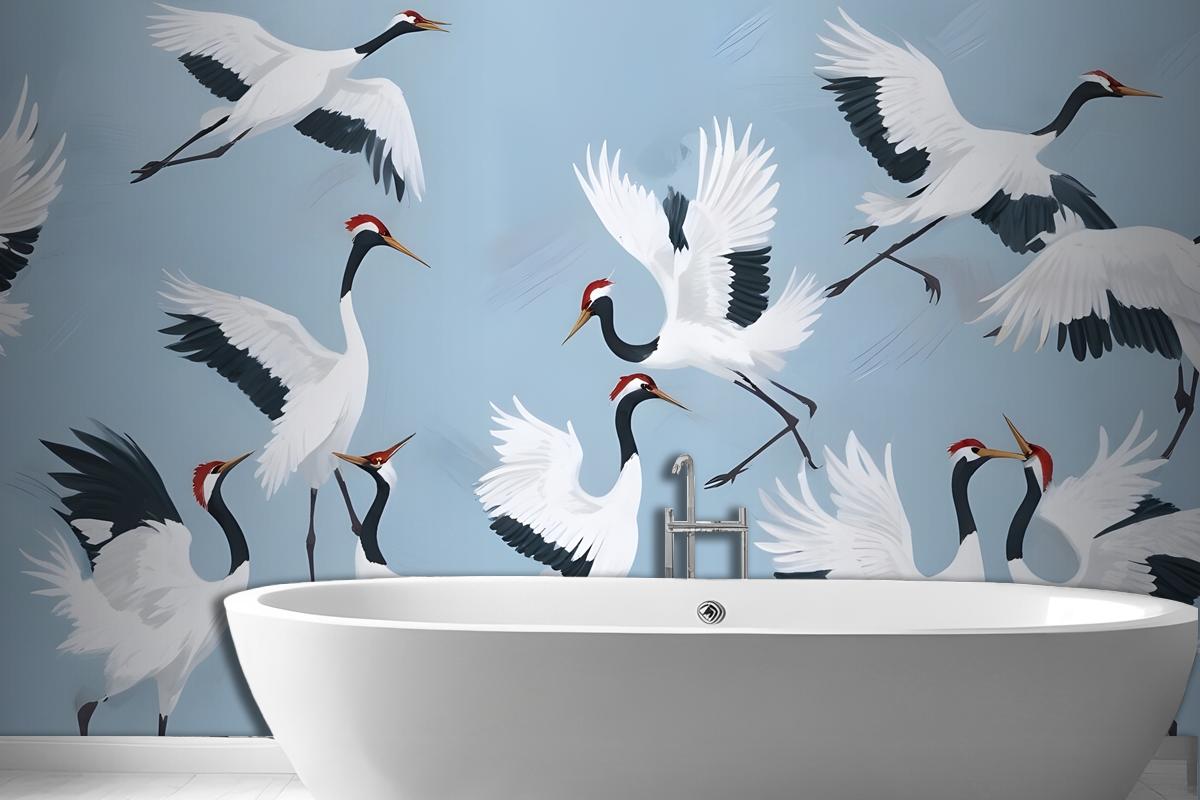 Flying Japanese Cranes Blue Painted Wallpaper Mural