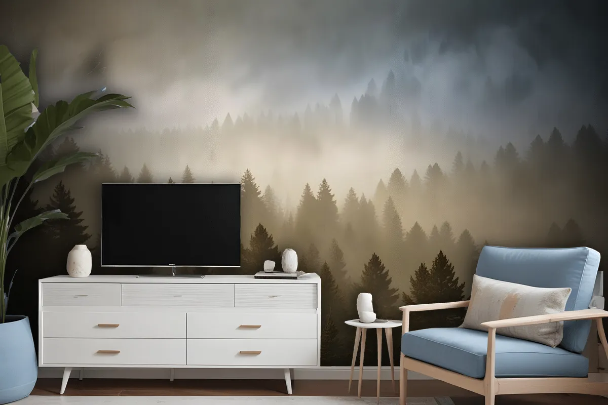 Foggy Pine Forest Landscape Wallpaper Mural