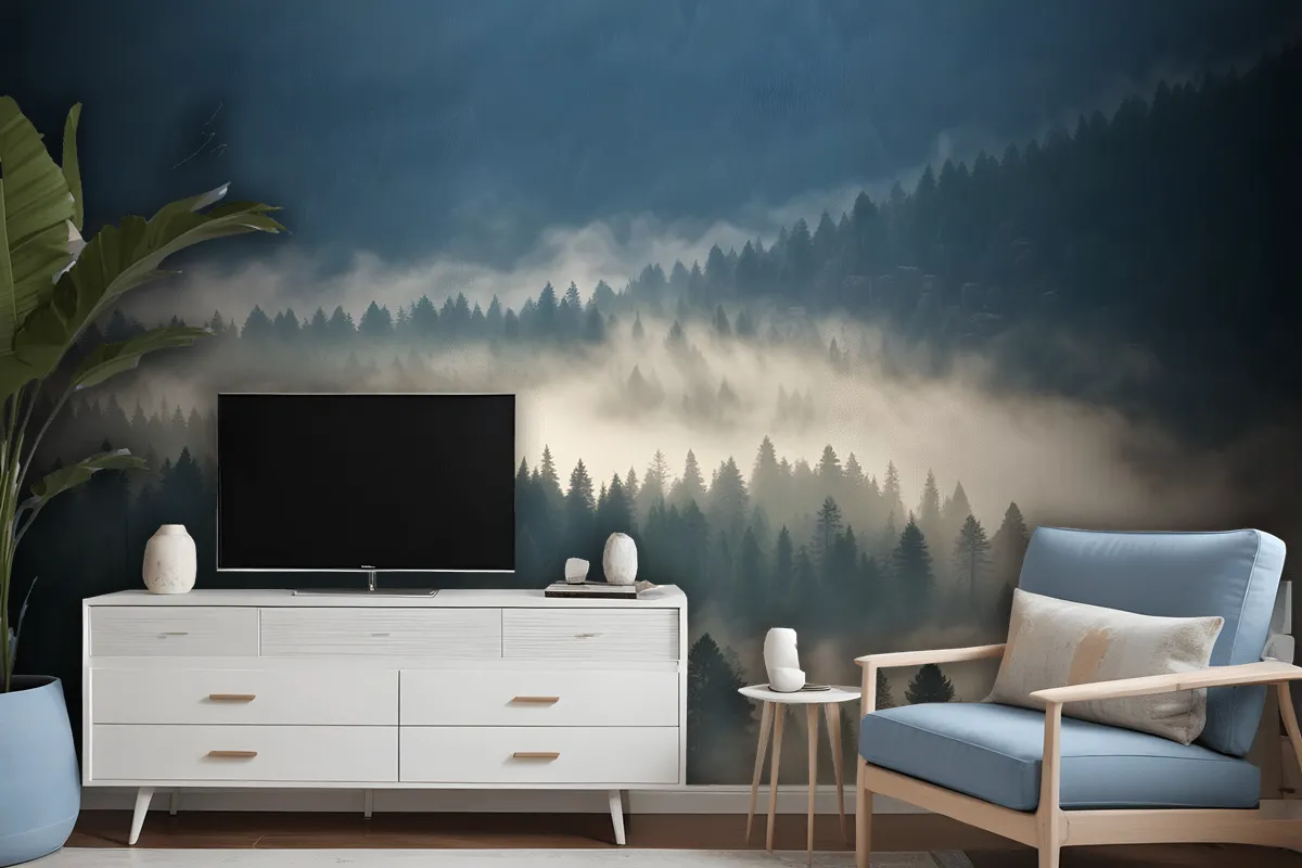 Foggy Pine Woods Landscape Wallpaper Mural