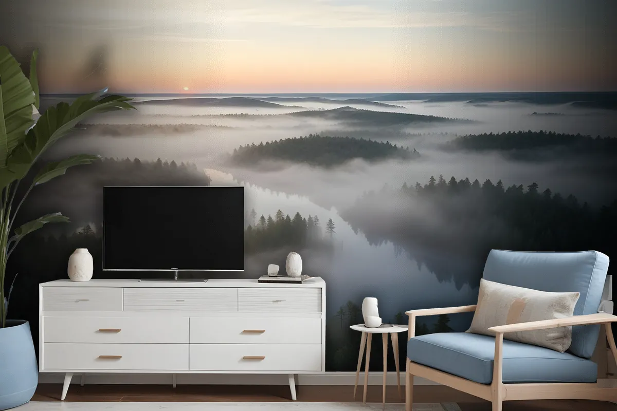 Foggy Rive Forest Landscape Wallpaper Mural