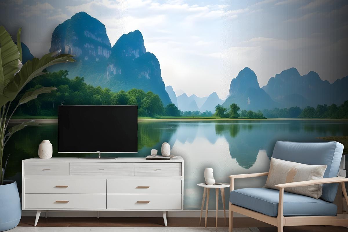 Forest Lake Landscape With Mountains Wallpaper Mural