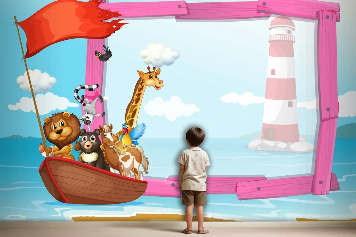 Frame With Wild Animals In The Boat Wallpaper Mural