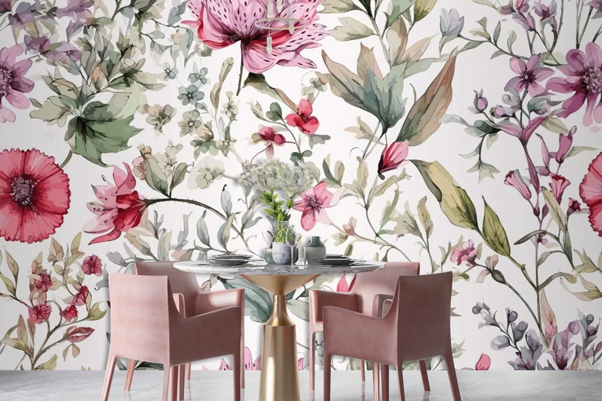 Colourful Floral Background With Leaves Wallpaper Mural