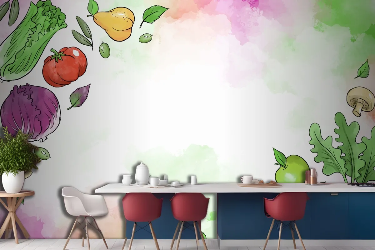 Fruit And Vegetables Hand Drawn Wallpaper Mural