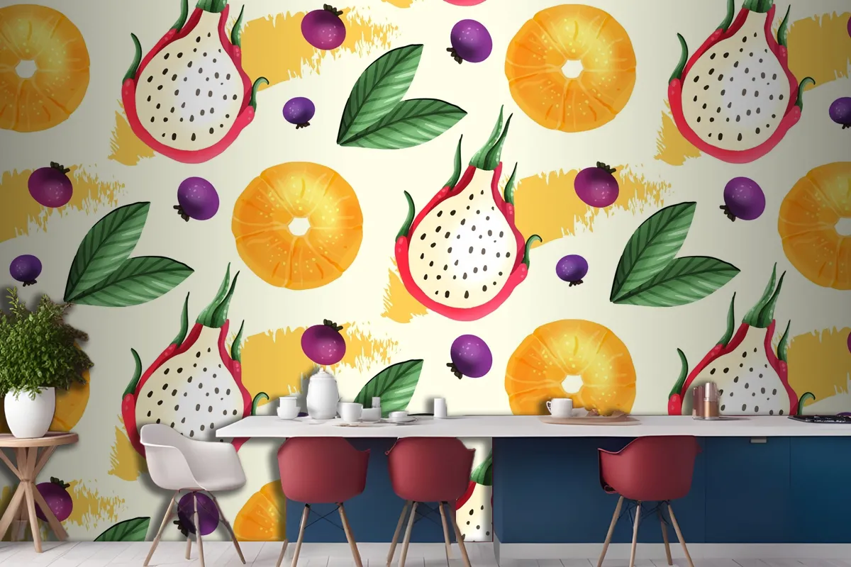 Fruits Pattern With Dragon Fruit Kitchen Wallpaper Mural