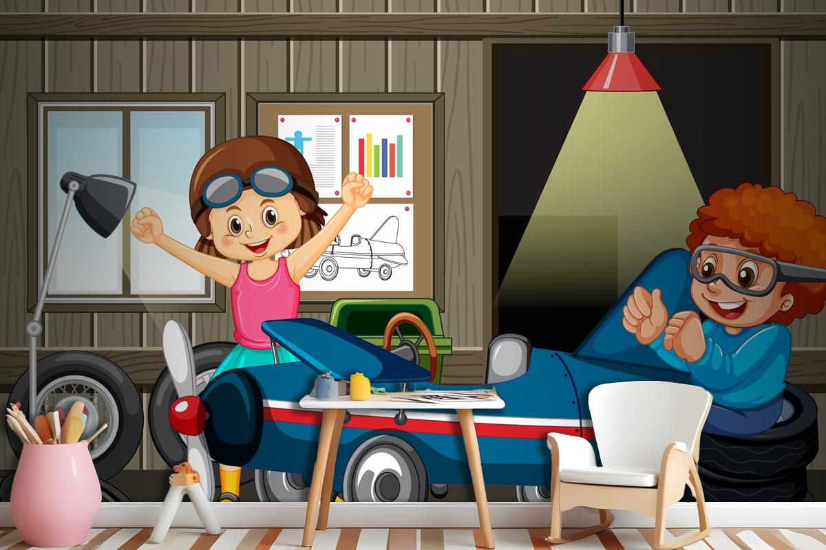 Garage Scene With Children Fixing A Car Together Wallpaper Mural