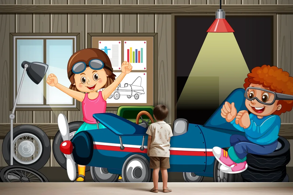 Garage Scene With Children Fixing A Car Together Wallpaper Mural