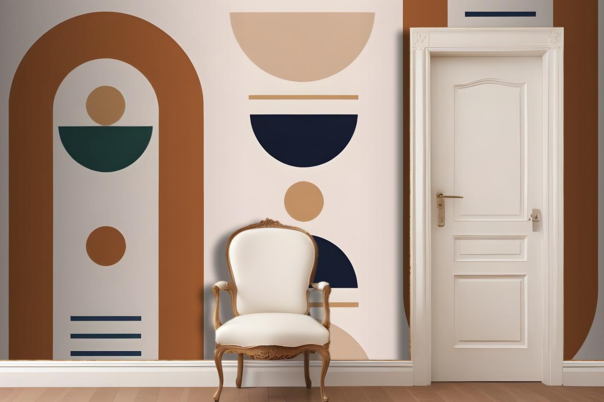 Geometric Shapes And Forms In Earthy Tones Of Brown Beige Navy And Green Wallpaper Mural