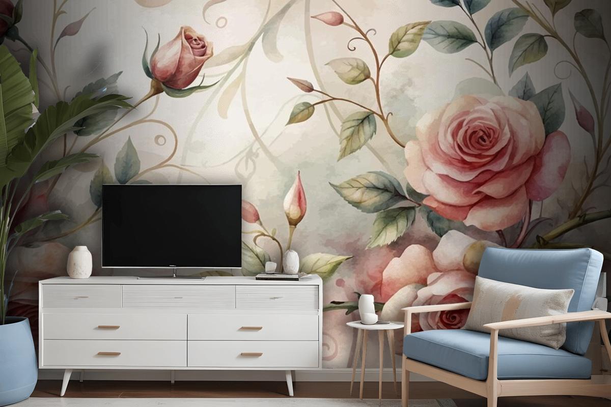 Graceful Rose Tree Pattern Watercolor Background Wallpaper Mural