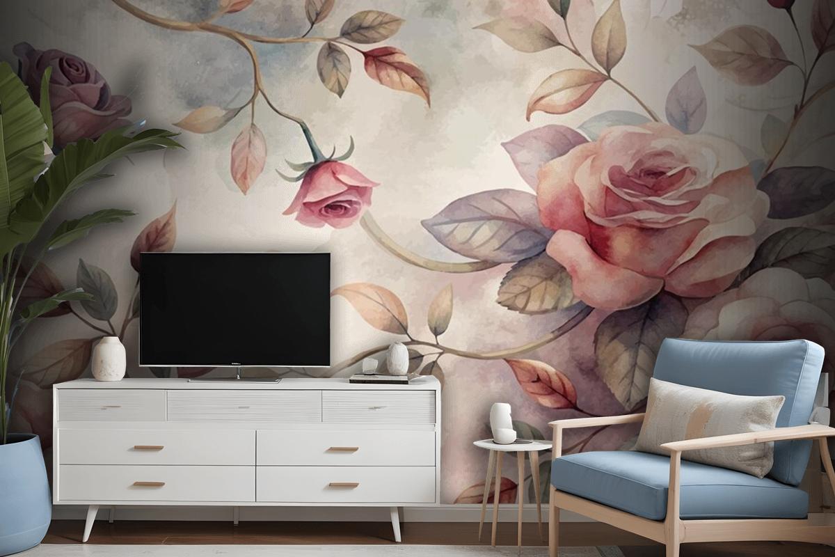 Graceful Rose Tree Pattern Watercolor Background Wallpaper Mural