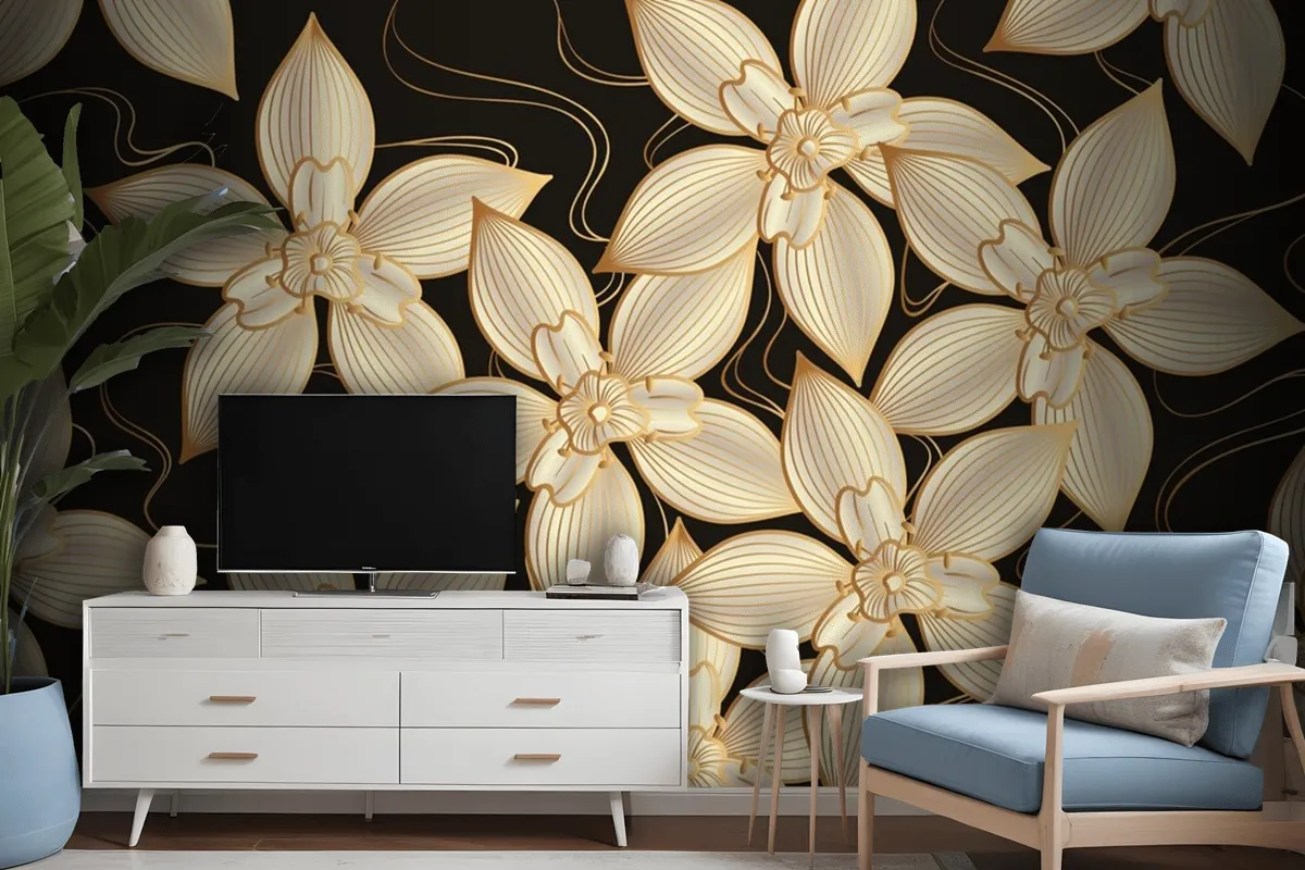 Gradient Golden Linear Background With Elegant Flowers Wallpaper Mural