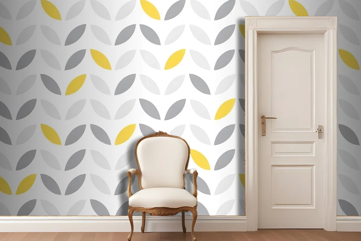 Gray And Yellow Leaf Shapes Arranged In A Repeating Geometric Design Wallpaper Mural