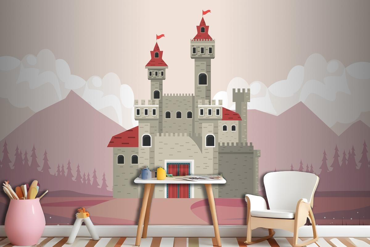 Gray Castle In Pink Landscape Scene Wallpaper Mural