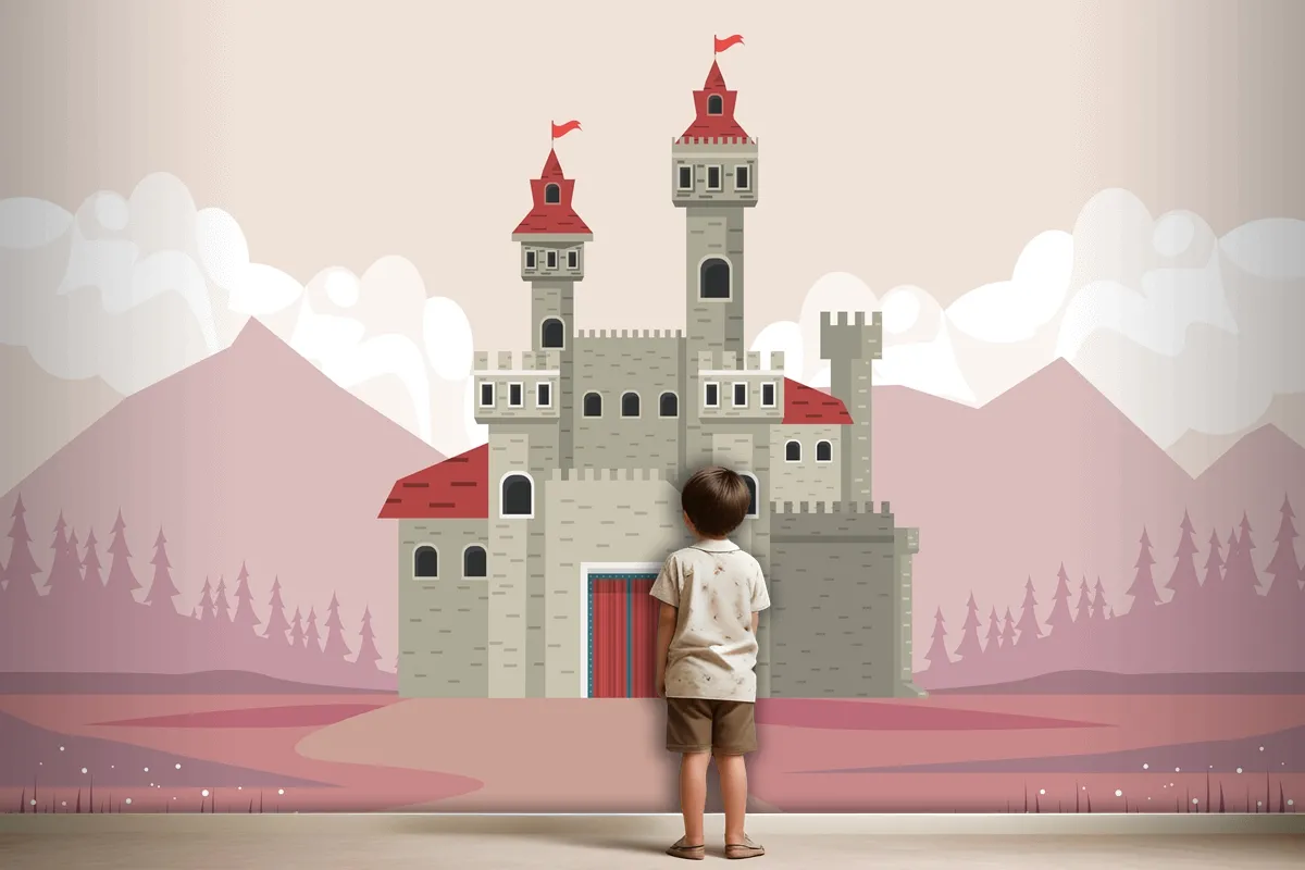 Gray Castle In Pink Landscape Scene Wallpaper Mural