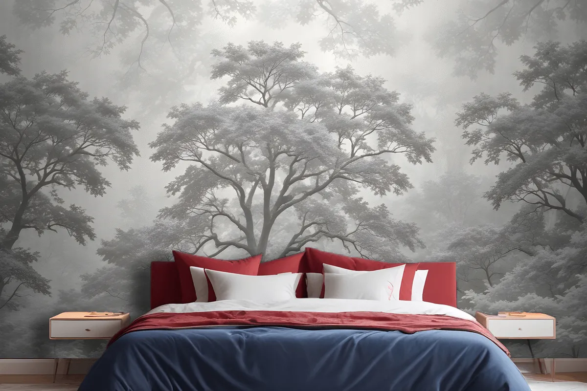 Gray Forest Illustration Etching Wallpaper Mural